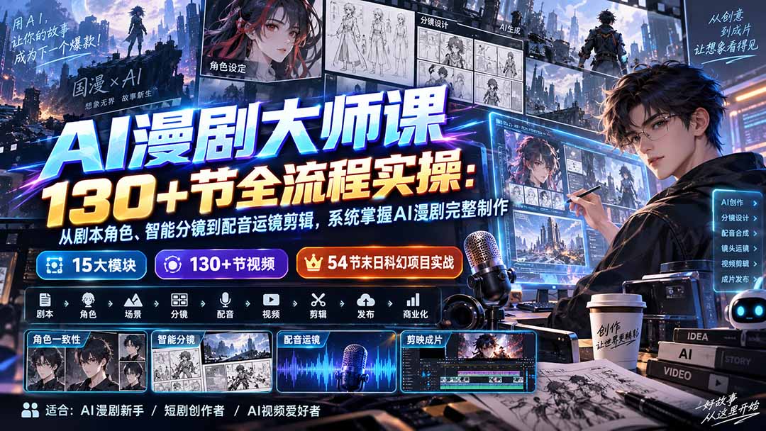 （20326期）AI漫剧大师课130+节全流程实操：从剧本角色、智能分镜到配音运镜剪辑，系统掌握AI漫剧完整制作-我爱项目网
