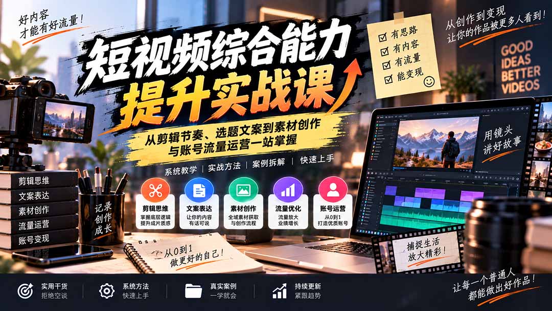 (20599期)短视频综合能力提升实战课:从剪辑节奏、选题文案到素材创作与账号流量运营一站掌握-我爱项目网