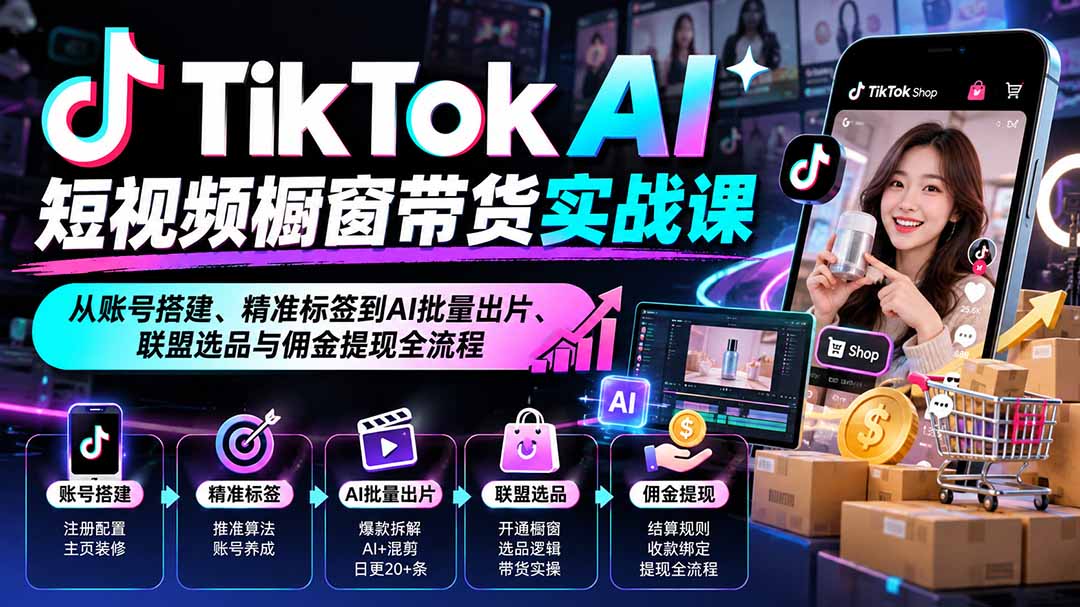 (20725期)TikTok AI短视频橱窗带货实战课:从账号搭建、精准标签到AI批量出片、联盟选品与佣金提现全流程-我爱项目网