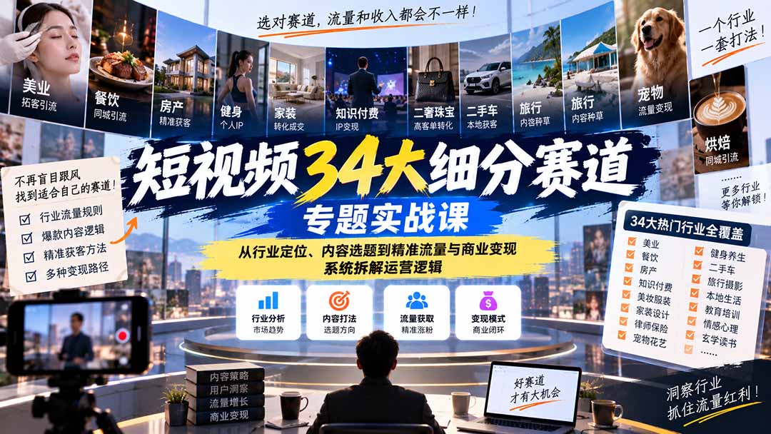 (20600期)短视频34大细分赛道专题实战课:从行业定位、内容选题到精准流量与商业变现,系统拆解运营逻辑-我爱项目网