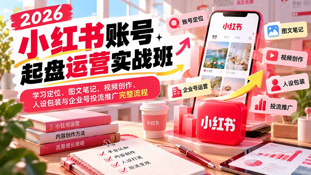 （20646期）2026小红书账号起盘运营实战班：学习定位、图文笔记、视频创作、人设包装与企业号投流推广完整流程-我爱项目网