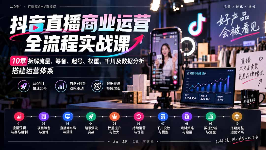 （20407期）抖音直播商业运营全流程实战课：10章拆解流量、筹备、起号、权重、千川及数据分析，搭建运营体系-我爱项目网