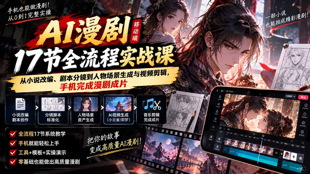 (20624期)AI漫剧移动端17节全流程实战课:从小说改编、剧本分镜到人物场景生成与视频剪辑,手机完成漫剧成片-我爱项目网