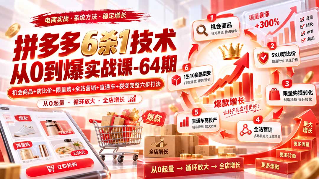 （20315期）拼多多6杀1技术从0到爆实战课-64期：机会商品+防比价+限量购+全站营销+直通车+裂变完整六步打法-我爱项目网