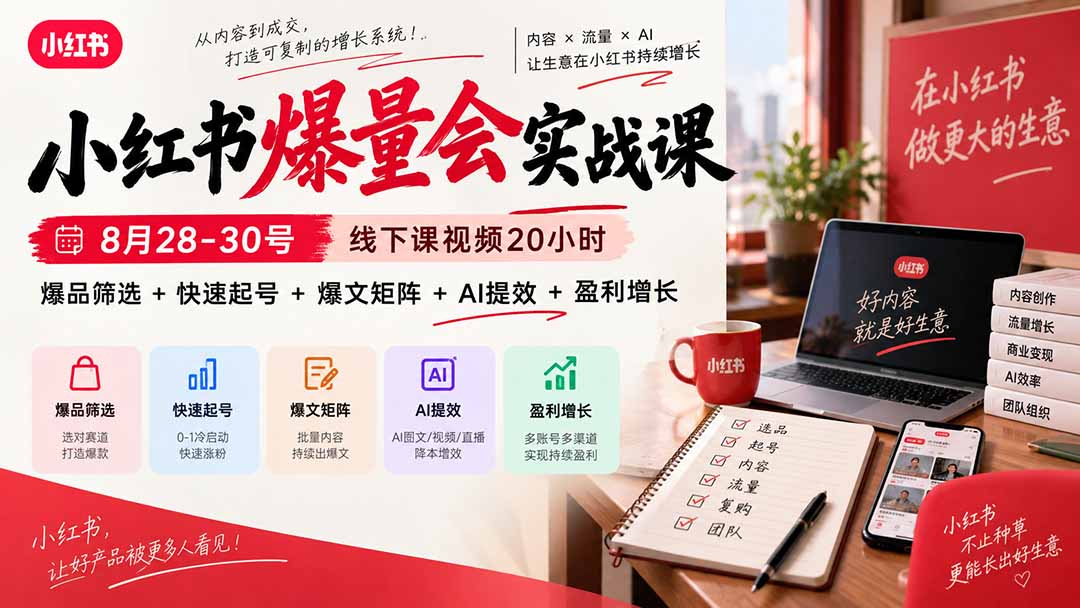 (20359期)小红书爆量会实战课:8月28-30号线下课视频20小时,爆品筛选+快速起号+爆文矩阵+AI提效+盈利增长-我爱项目网
