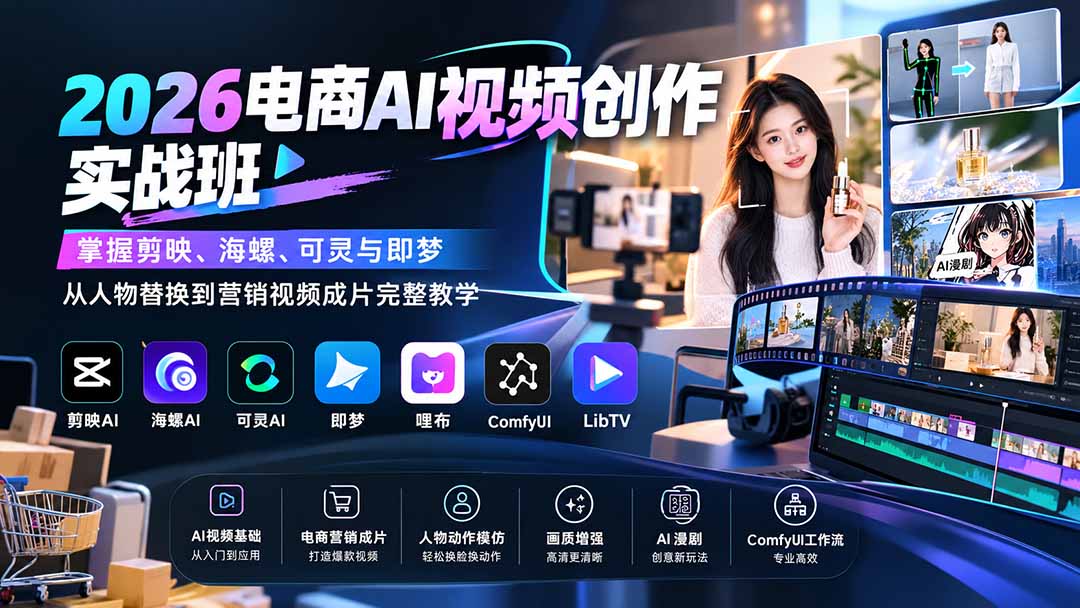 （20466期）2026电商AI视频创作实战班：掌握剪映、海螺、可灵与即梦，从人物替换到营销视频成片完整教学-我爱项目网