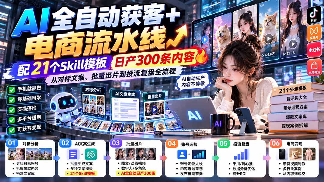（20713期）【无水印】AI全自动获客+电商流水线-更新0929：配21个Skill模板，日产300条内容，从对标文案、批量出片到投流全流程-我爱项目网