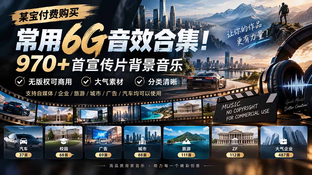 (20603期)某宝付费购买,常用6G音效合集!970+首宣传片背景音乐,无版权可商用大气素材,分类清晰-我爱项目网