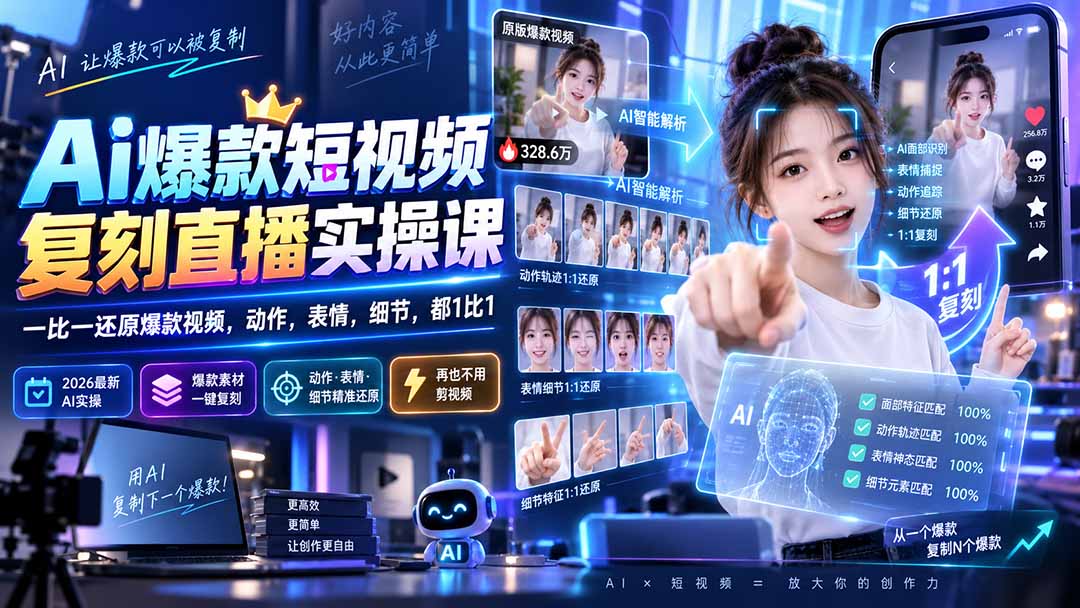 （20304期）最新Ai爆款短视频复刻直播实操课，一比一还原爆款视频，动作，表情，细节，都1比1-我爱项目网