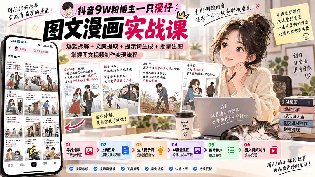 （20584期）抖音9W粉博主一只漫仔图文漫画课：爆款拆解+文案提取+提示词生成+批量出图，掌握图文视频制作变现流程-我爱项目网