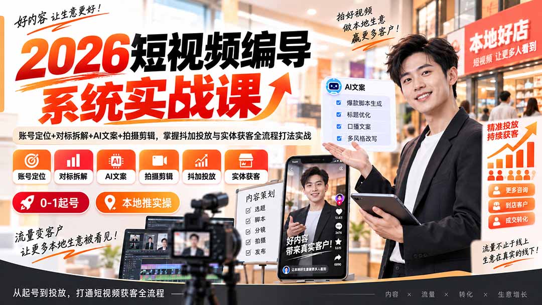 （20305期）2026短视频编导系统实战课：账号定位+对标拆解+AI文案+拍摄剪辑，掌握抖加投放与实体获客全流程打法实战-我爱项目网