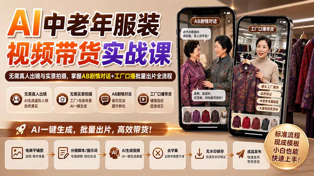 （20198期）AI中老年服装视频带货实战课：无需真人出镜与实景拍摄，掌握AB剧情对话+工厂口播批量出片全流程-我爱项目网