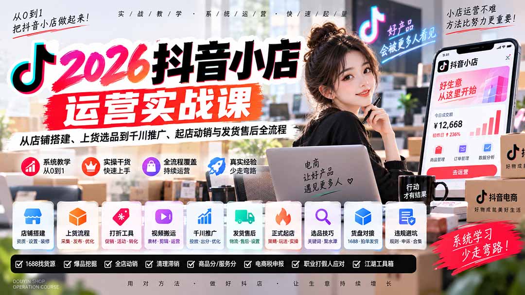 （20568期）2026抖音小店运营实战课｜从店铺搭建、上货选品到千川推广、起店动销与发货售后全流程-我爱项目网