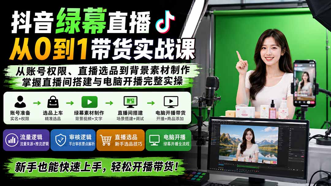 （20224期）抖音绿幕直播从0到1带货实战课：从账号权限、直播选品到背景素材制作，掌握直播间搭建与电脑开播完整实操-我爱项目网
