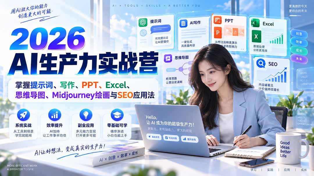 （20307期）2026AI生产力实战营：掌握提示词、写作、PPT、Excel、思维导图、Midjourney绘画与SEO应用法-我爱项目网