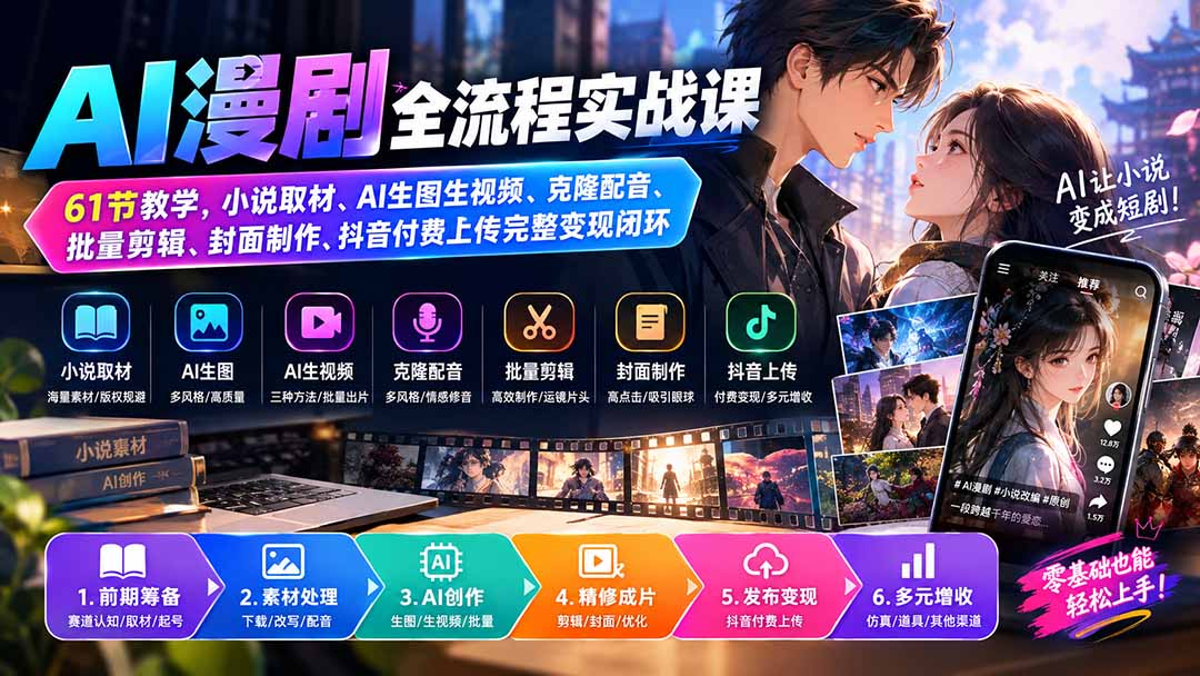 （20199期）AI漫剧全流程实战课｜61节教学，小说取材、AI生图生视频、克隆配音、批量剪辑、封面制作、抖音付费上传完整变现闭环-我爱项目网