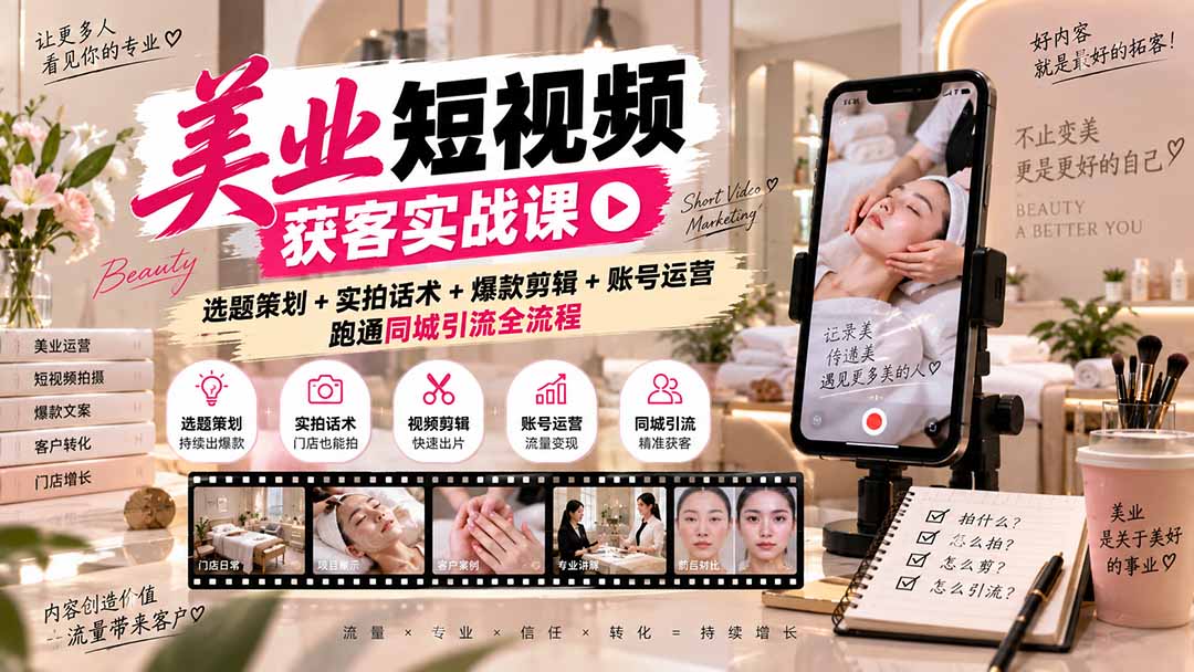 （20586期）美业短视频获客实战课-无水印：选题策划+实拍话术+爆款剪辑+账号运营，跑通同城引流全流程-我爱项目网