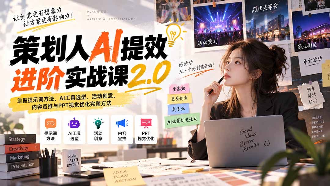 （20427期）策划人AI提效进阶实战课2.0：掌握提示词方法、AI工具选型、活动创意、内容宣推与PPT视觉优化完整方法-我爱项目网