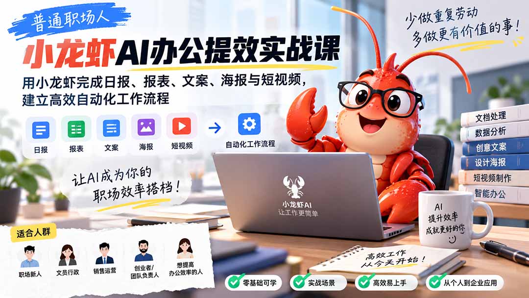（20379期）普通职场人AI办公提效实战课：用小龙虾完成日报、报表、文案、海报与短视频，建立高效自动化工作流程-我爱项目网