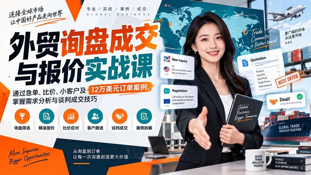 （20424期）外贸询盘成交与报价实战课：通过急单、比价、小客户及12万美元订单案例，掌握需求分析与谈判成交技巧-我爱项目网