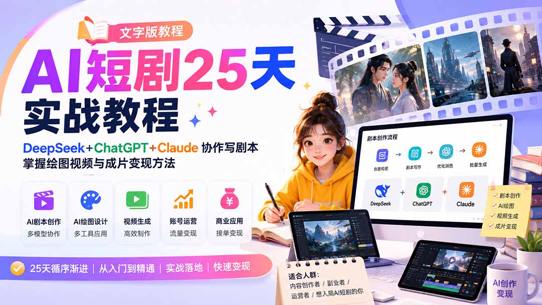 （20225期）AI短剧25天实战教程（文字版教程）：DeepSeek+ChatGPT+Claude协作写剧本，掌握绘图视频与成片变现方法-我爱项目网