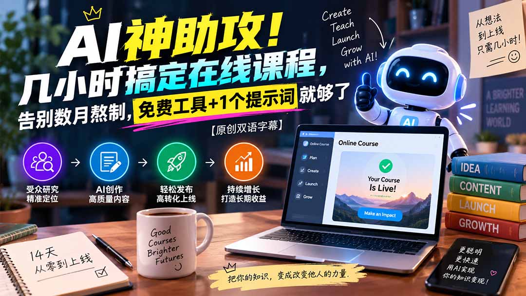 (20528期)AI神助攻!几小时搞定在线课程,告别数月熬制,免费工具+1个提示词就够了【原创双语字幕】-我爱项目网