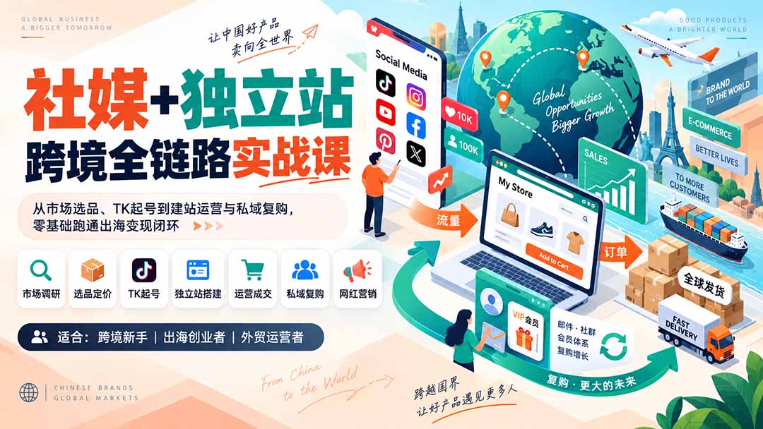 （20361期）社媒+独立站跨境全链路实战课：从市场选品、TK起号到建站运营与私域复购，零基础跑通出海变现闭环-我爱项目网