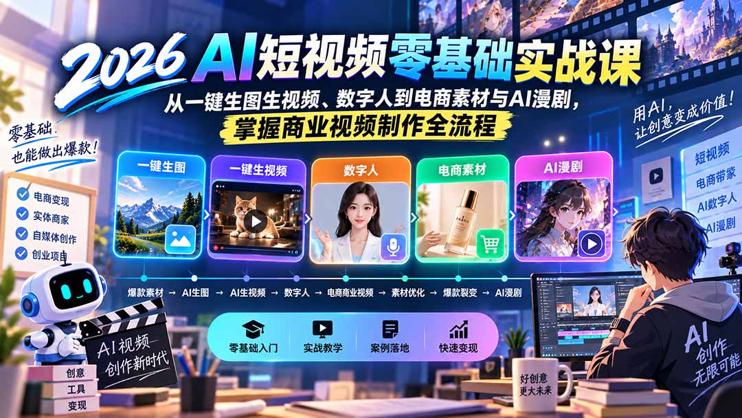 (20263期)2026AI短视频零基础实战课:从一键生图生视频、数字人到电商素材与AI漫剧,掌握商业视频制作全流程-我爱项目网