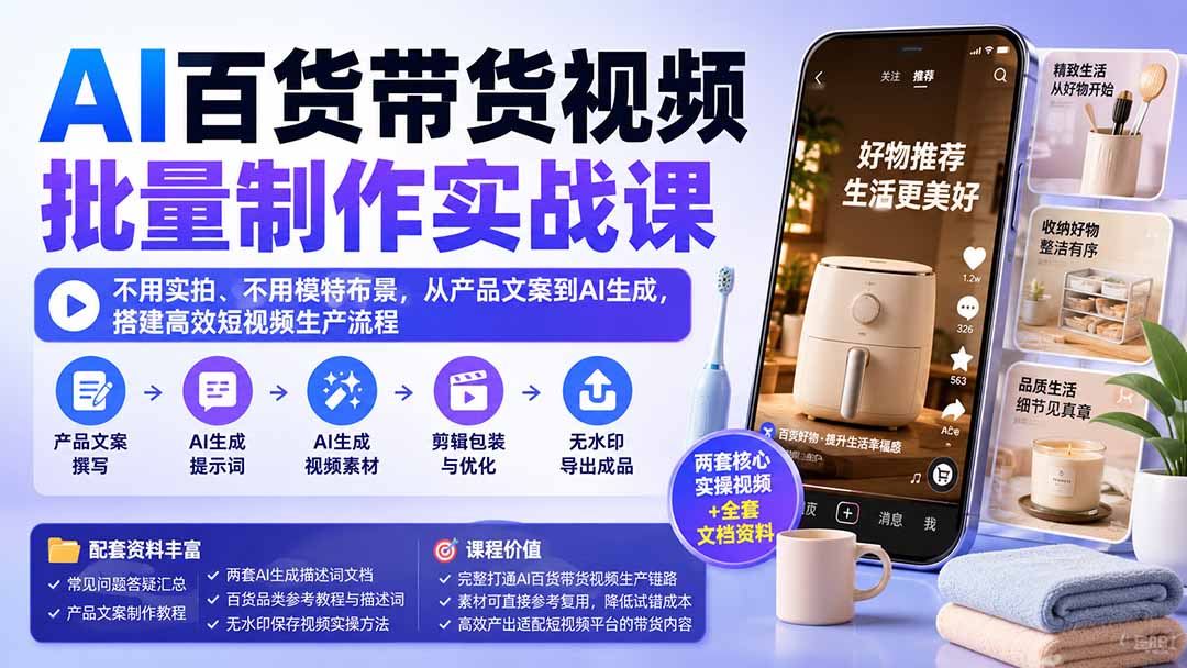 （20179期）AI百货带货视频批量制作实战课：不用实拍、不用模特布景，从产品文案到AI生成，搭建高效短视频生产流程-我爱项目网