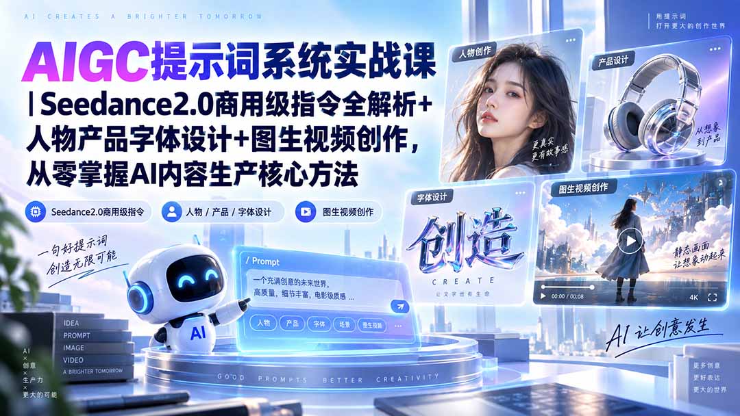 （20559期）AIGC提示词系统实战课-无水印｜Seedance2.0商用级指令全解析+人物产品字体设计+图生视频创作，掌握AI内容生产方法-我爱项目网