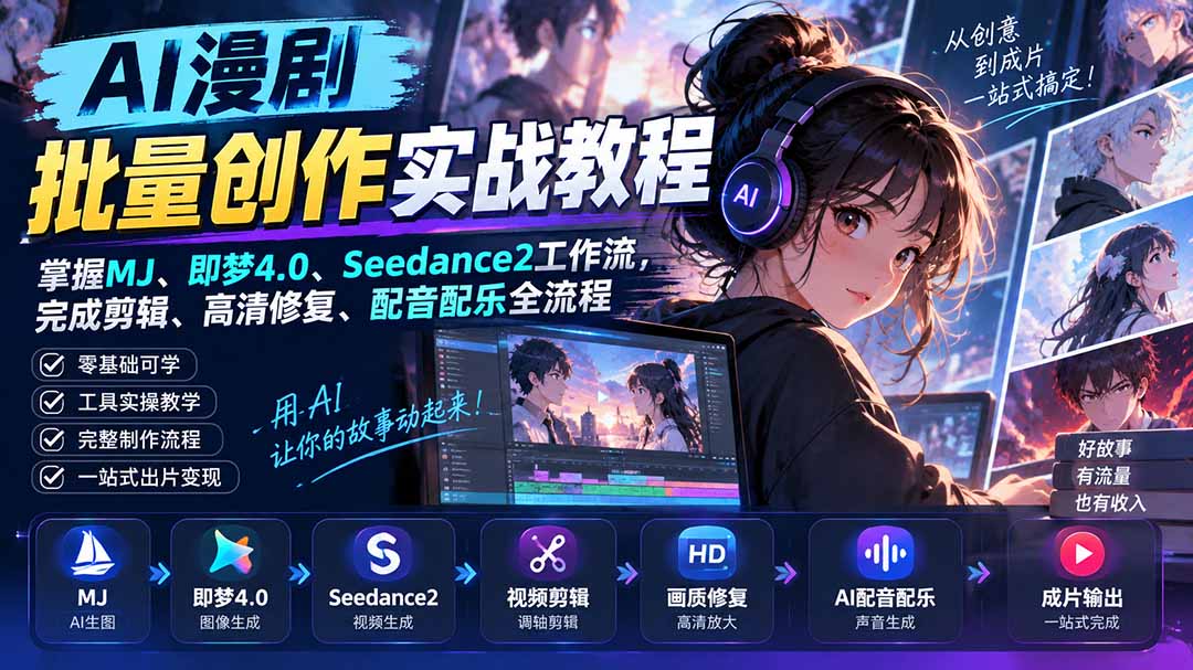 （20488期）AI漫剧批量创作实战教程：掌握MJ、即梦4.0、Seedance2工作流，完成剪辑、高清修复、配音配乐全流程-我爱项目网
