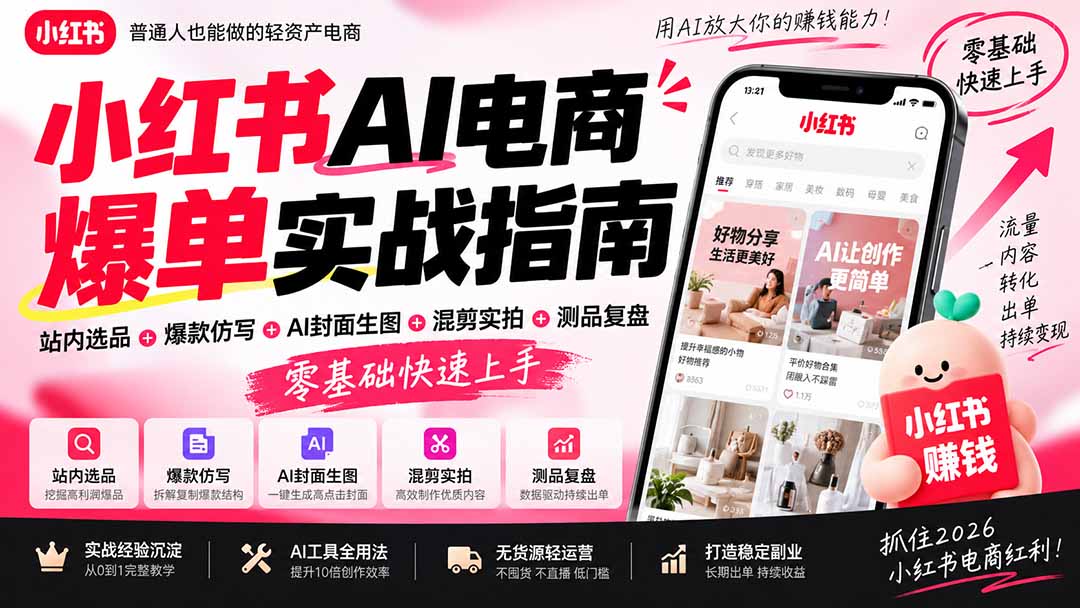 （20516期）2026小红书AI电商爆单实战指南：站内选品+爆款仿写+AI封面生图+混剪实拍+测品复盘，零基础快速上手-我爱项目网
