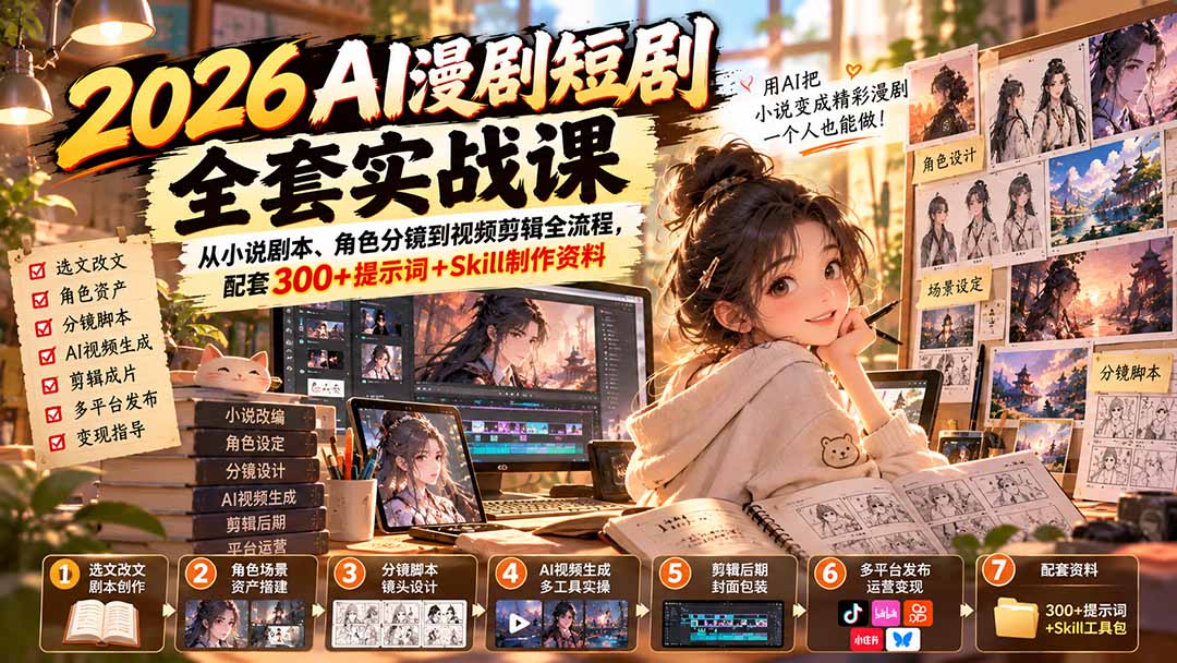 （20629期）2026AI漫剧短剧全套实战课：从小说剧本、角色分镜到视频剪辑全流程，配套300+提示词+Skill制作资料-我爱项目网