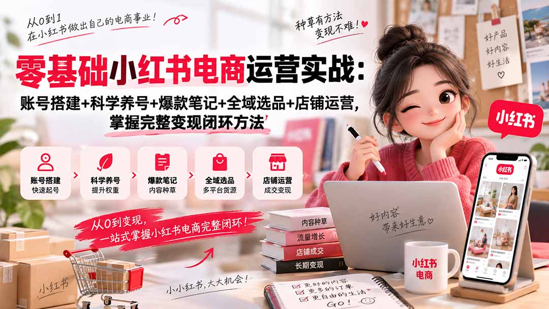 (20467期)零基础小红书电商运营实战:账号搭建+科学养号+爆款笔记+全域选品+店铺运营,掌握完整变现闭环方法-我爱项目网