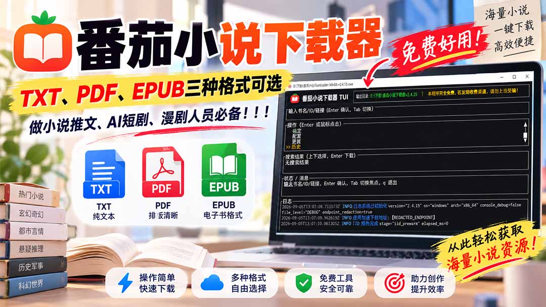 （20529期）番茄小说下载器，TXT、PDF、EPUB三种格式可选，做小说推文、AI短剧、漫剧人员必备！-我爱项目网