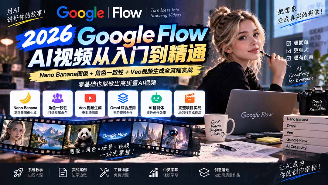 (20608期)【无水印】Google Flow AI视频从入门到精通:Nano Banana图像+角色一致性+Veo视频生成全流程实战-精翻中英字幕-我爱项目网