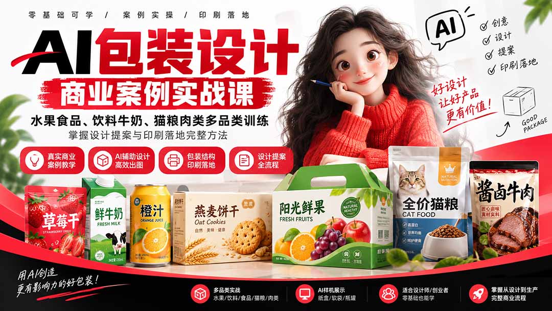 （20387期）AI包装设计商业案例实战课：水果食品、饮料牛奶、猫粮肉类多品类训练，掌握设计提案与印刷落地完整方法-我爱项目网