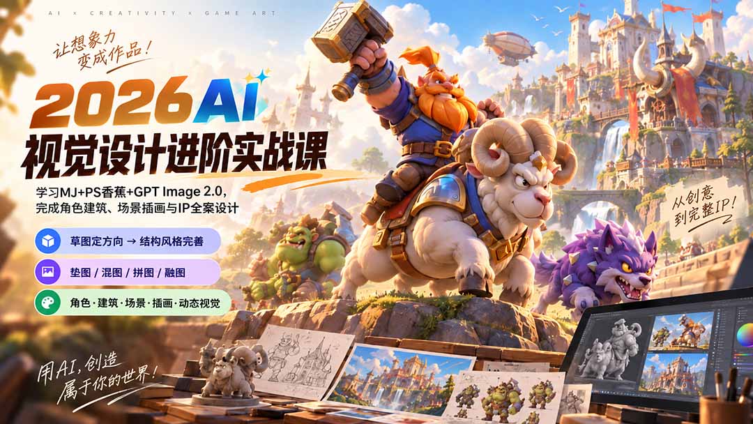 （20425期）2026AI视觉设计进阶实战课-更新：学习MJ+PS香蕉+GPT Image 2.0，完成角色建筑、场景插画与IP全案设计-我爱项目网