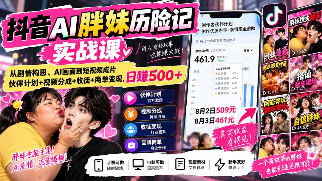 （20489期）抖音AI胖妹历险记实战课：从剧情构思、AI画面到短视频成片，伙伴计划+视频分成+收徒+商单变现，日赚500+-我爱项目网