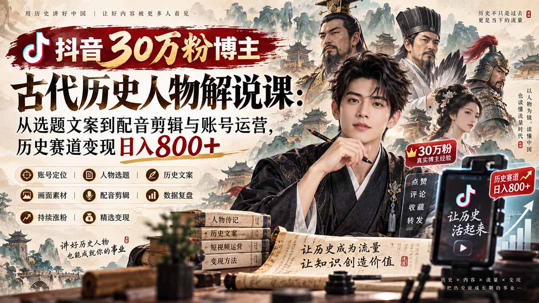 （20441期）抖音30万粉博主古代历史人物解说课：从选题文案到配音剪辑与账号运营，历史赛道变现日入800+-我爱项目网