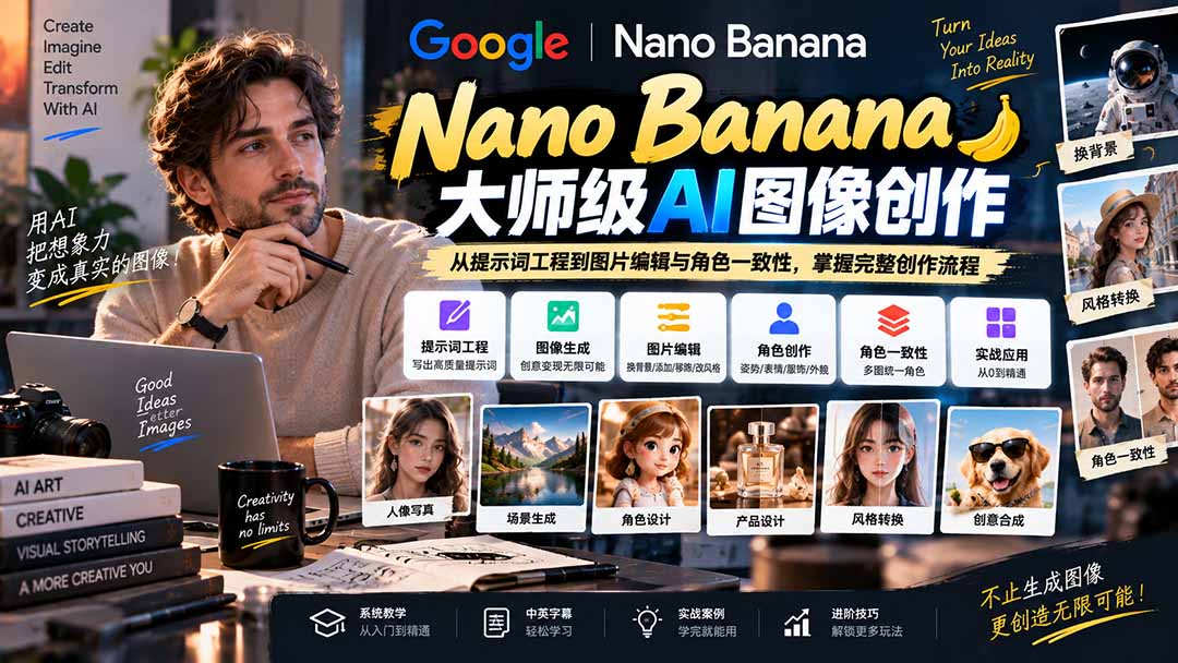 (20609期)【无水印】Nano Banana大师级AI图像实战课:从提示词工程到图片编辑与角色一致性,掌握完整创作流程-我爱项目网