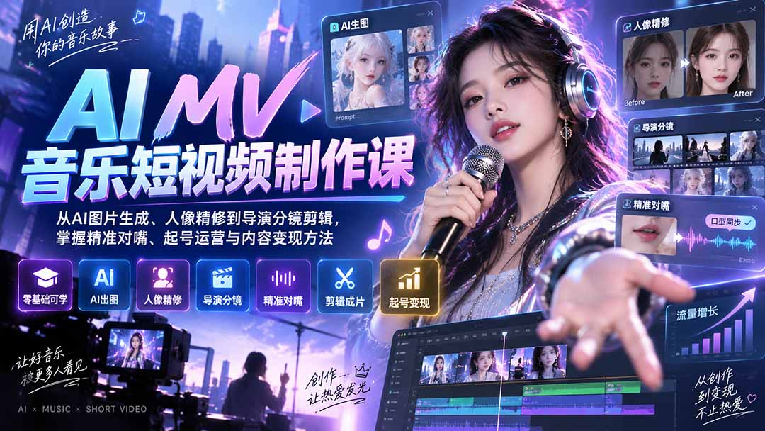 （20364期）AI MV音乐短视频制作课：从AI图片生成、人像精修到导演分镜剪辑，掌握精准对嘴、起号运营与内容变现方法-我爱项目网