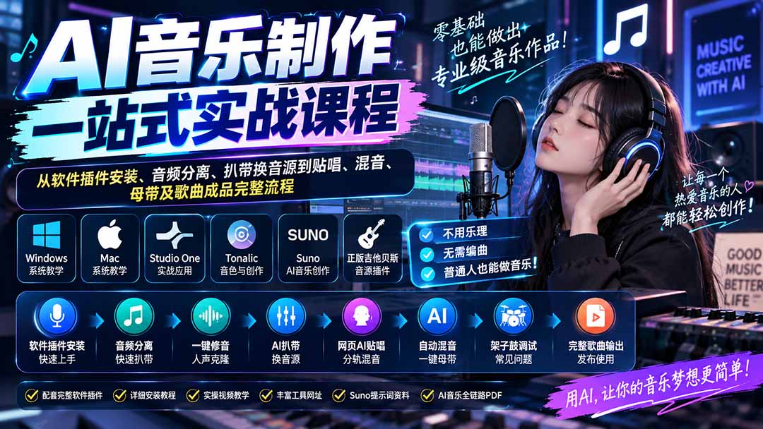 （20490期）AI音乐制作一站式实战课程：从软件插件安装、音频分离、扒带换音源到贴唱、混音、母带及歌曲成品完整流程-我爱项目网