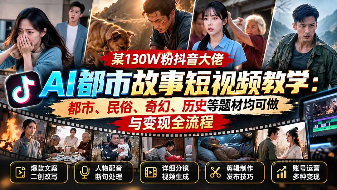 （20692期）某130W粉抖音大佬AI都市故事短视频教学：都市、民俗、奇幻、历史等题材均可做与变现全流程-我爱项目网