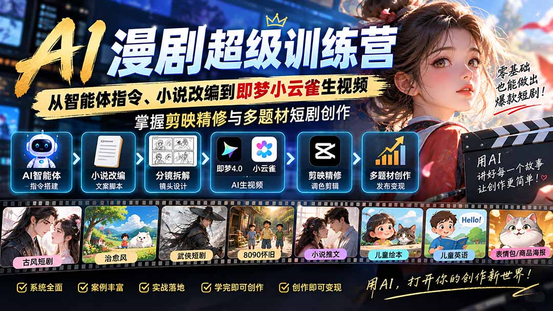 （20491期）AI漫剧超级特训营：从智能体指令、小说改编到即梦小云雀生视频，掌握剪映精修与多题材短剧创作-我爱项目网