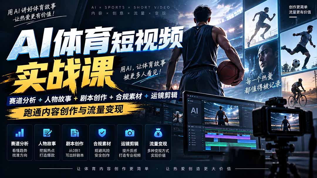 （20515期）AI体育短视频赛道顶级玩法｜赛道分析+人物故事+剧本创作+版权处理+运镜剪辑，跑通流量变现-日赚1K+-我爱项目网