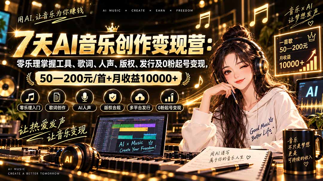 （20442期）AI音乐创作变现营：零乐理掌握工具、歌词、人声、版权、发行及0粉起号变现，50—200元/首+月收益10000+-我爱项目网