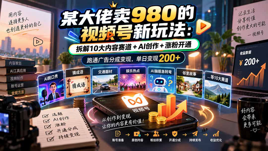 （20573期）某大佬卖980的视频号新玩法：拆解10大内容赛道+AI创作+涨粉开通，跑通广告分成变现，单日变现200+-我爱项目网