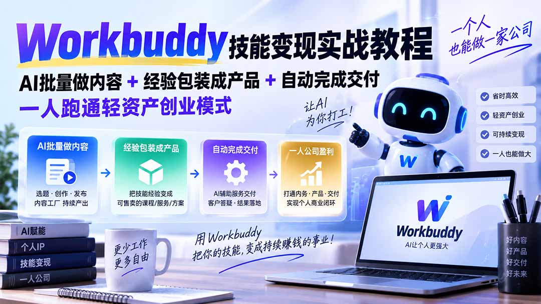 （20492期）Workbuddy技能变现实战教程：AI批量做内容+经验包装成产品+自动完成交付，一人跑通轻资产创业模式-我爱项目网