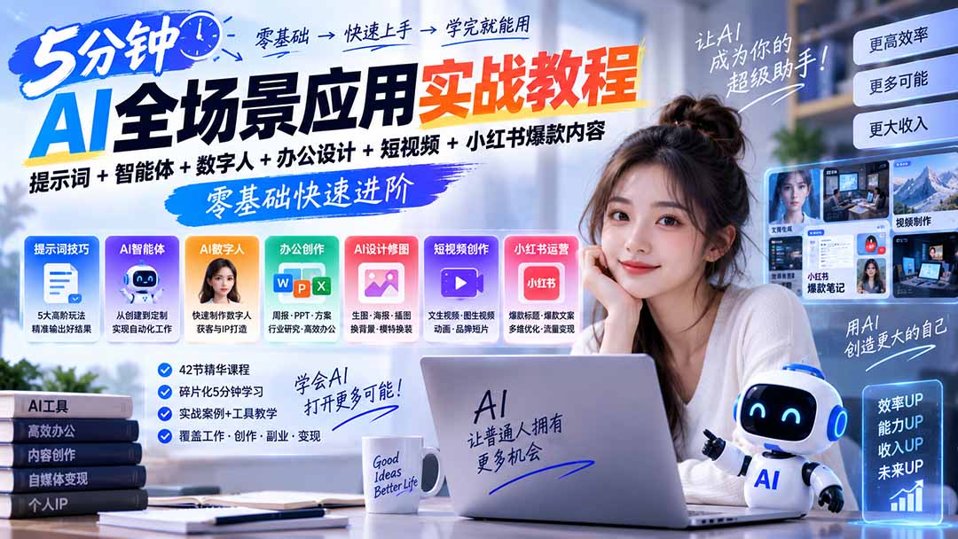（20493期）AI全场景应用实战教程｜提示词+智能体+数字人+办公设计+短视频+小红书爆款内容，零基础快速进阶-我爱项目网